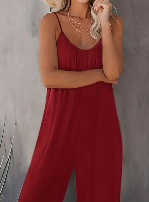 Summer New Solid Color Round Neck Sleeveless Camisole Jumpsuit Women's Casual Vacation Style Loose Wide Leg Jumpsuit