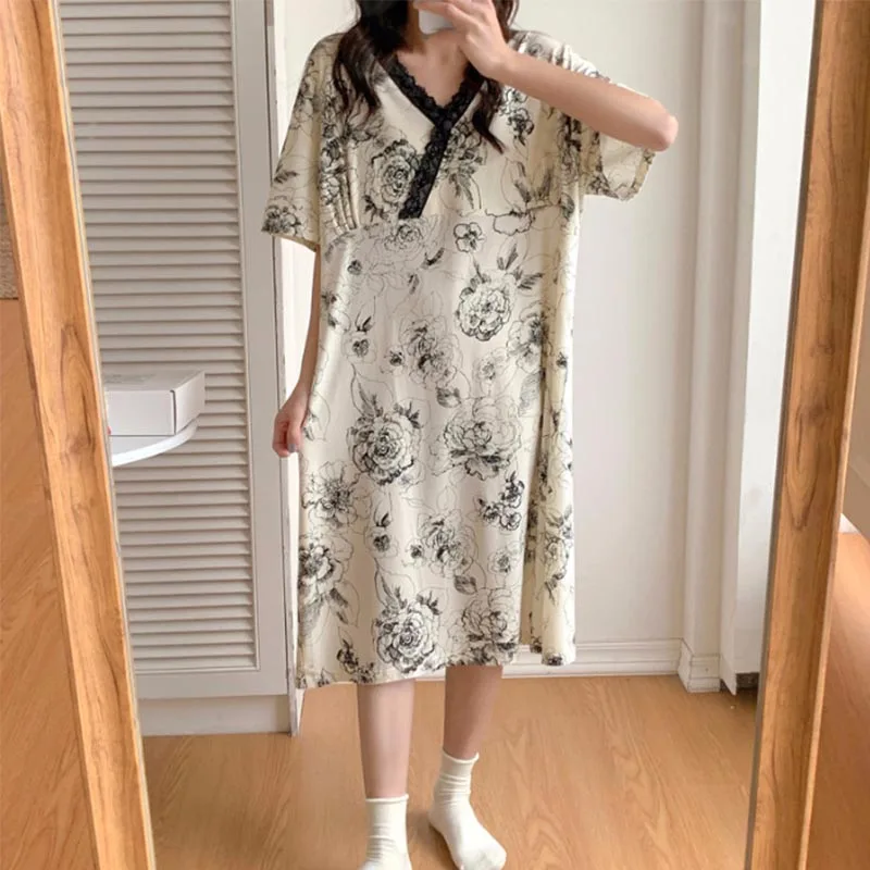 

Summer Printed Modal Maternity Nursing Sleepwear Dress Across V neck Pajamas Clothes for Pregnant Women Pregnancy Home Hospital