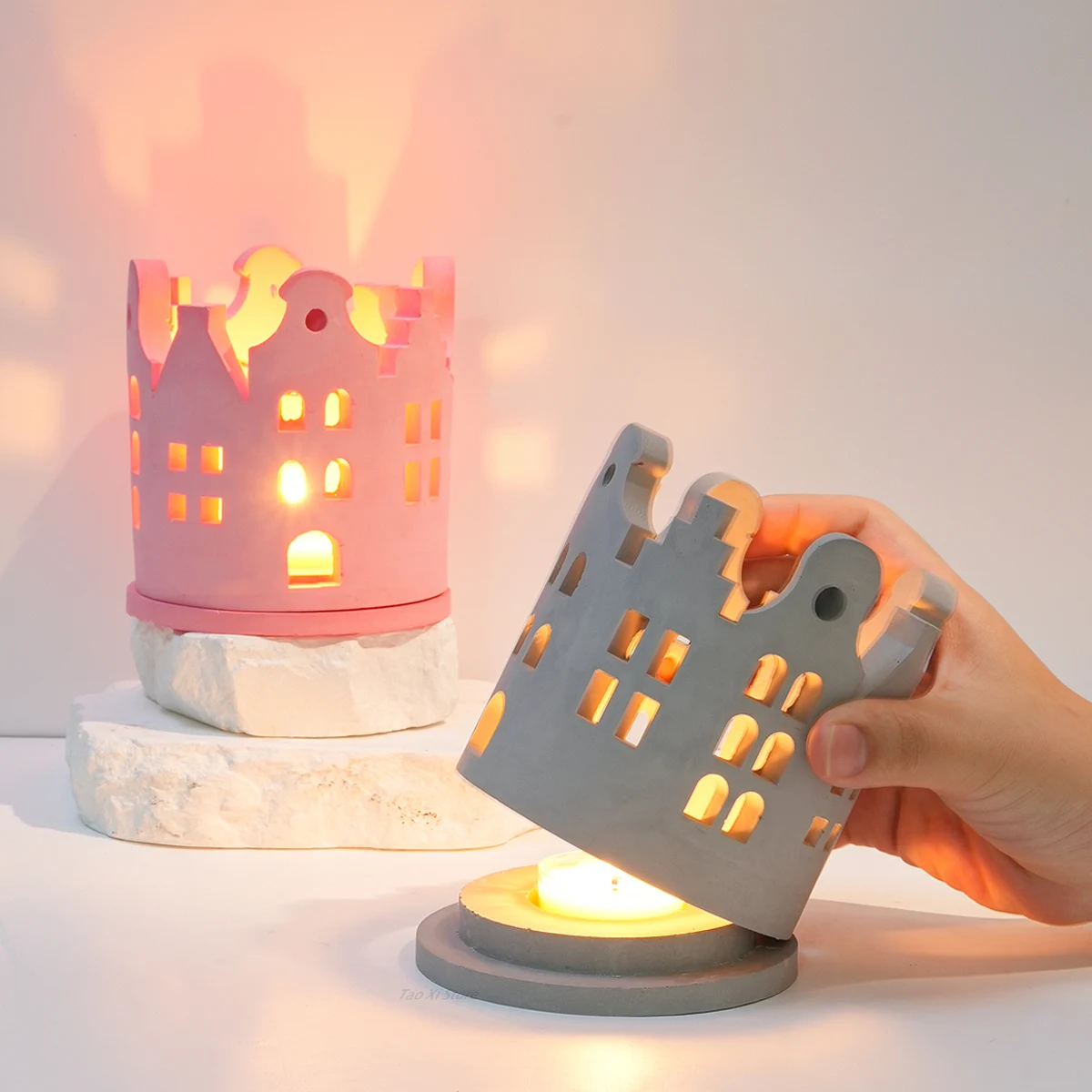 DIY Crown House Candle Holder Silicone Mold DIY Window Houses Plaster Resin Concrete Candlestick Casting Molds Home Crafts Decor