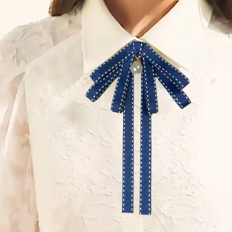 Damski zawiązany krawat z kokardką ze sztucznych pereł kokardki broszka ze wstążką szpilka damska elegancka regulowana koszula z kołnierzem dla