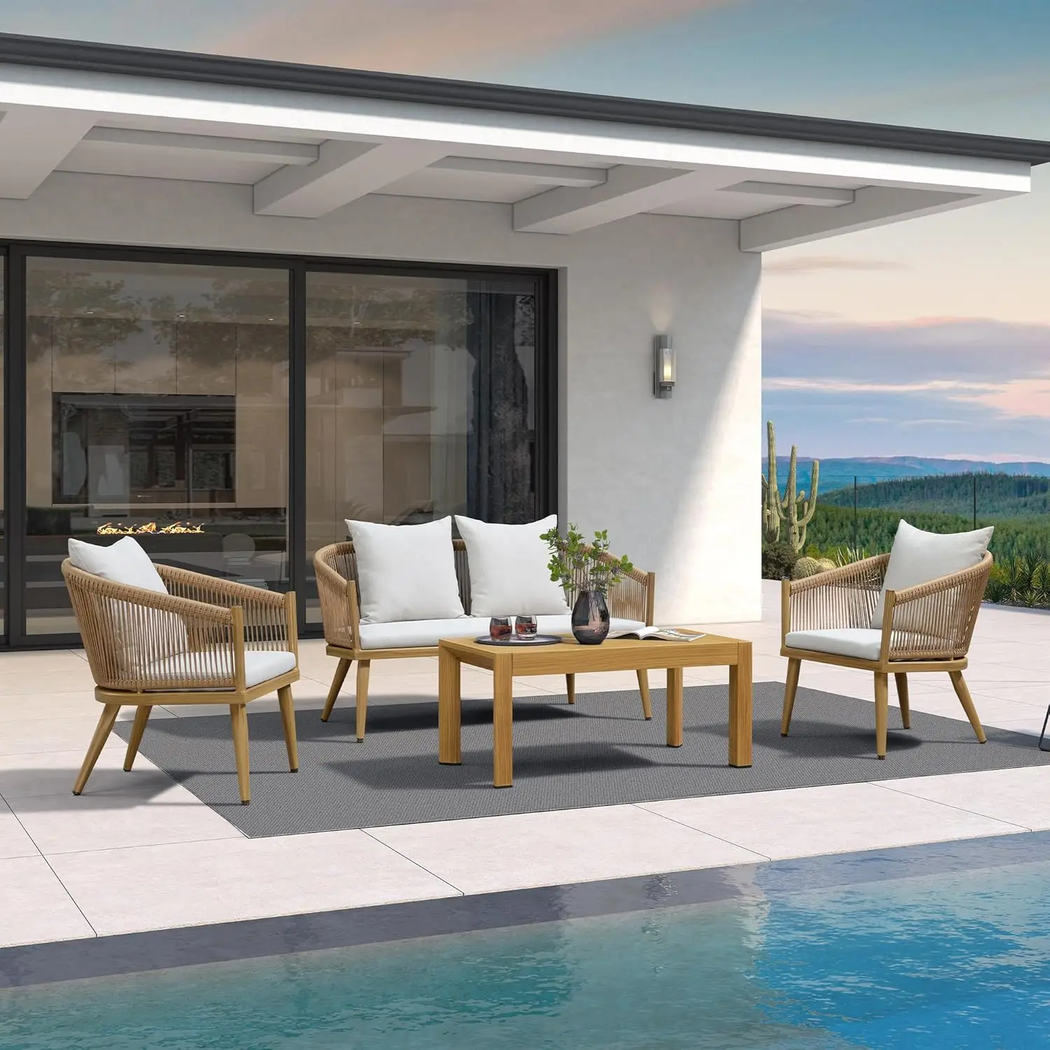 

Комплект садовой мебели из 4 предметов: плетеная мебель для улицы с алюминиевым столом, ротанговыми стульями и диванами с подушками, на заказ