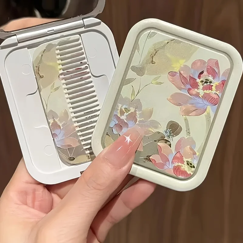 Tragbares Blumenhaarkamm- und Spiegelset – Robuster ABS-Kunststoff, geeignet für alle Frisuren, mit Klappdeckel-Design