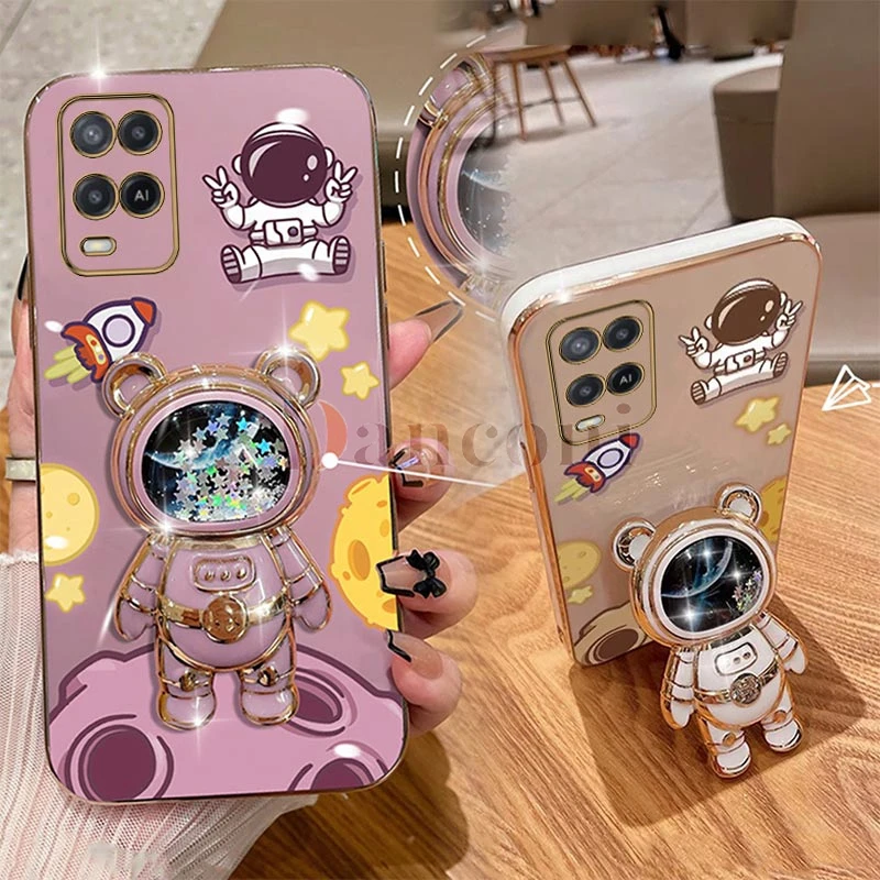 Cheering astronauts Plating Phone Holder Case For Oppo A15 A15S A78 A16 A16K A53 A76 A77 A92 A94 A95 A54 A55 A83 F19 Cover