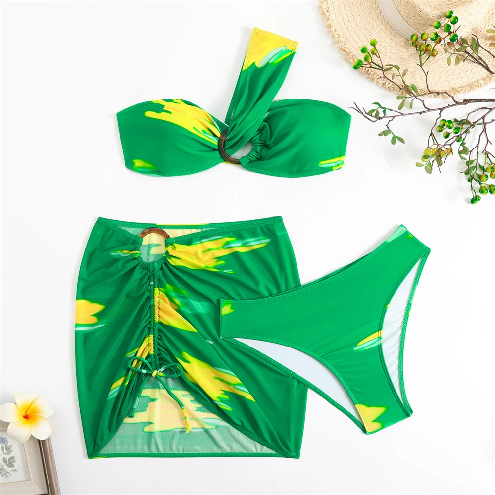 Para praia tie dye gradiente bikini conjunto 2025 3 peça de banho feminino sexy um ombro gravata plissado cordão saia maiô