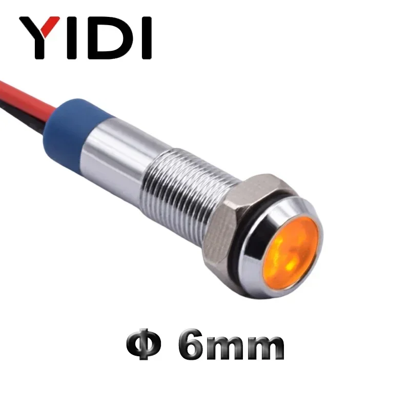 5pcs 6mm Flat Head LED Metal Indicator Signal Lamp 6V 12V 24V 110V 220V Pilot Light Red Green Blue Amber White With Lead Wire