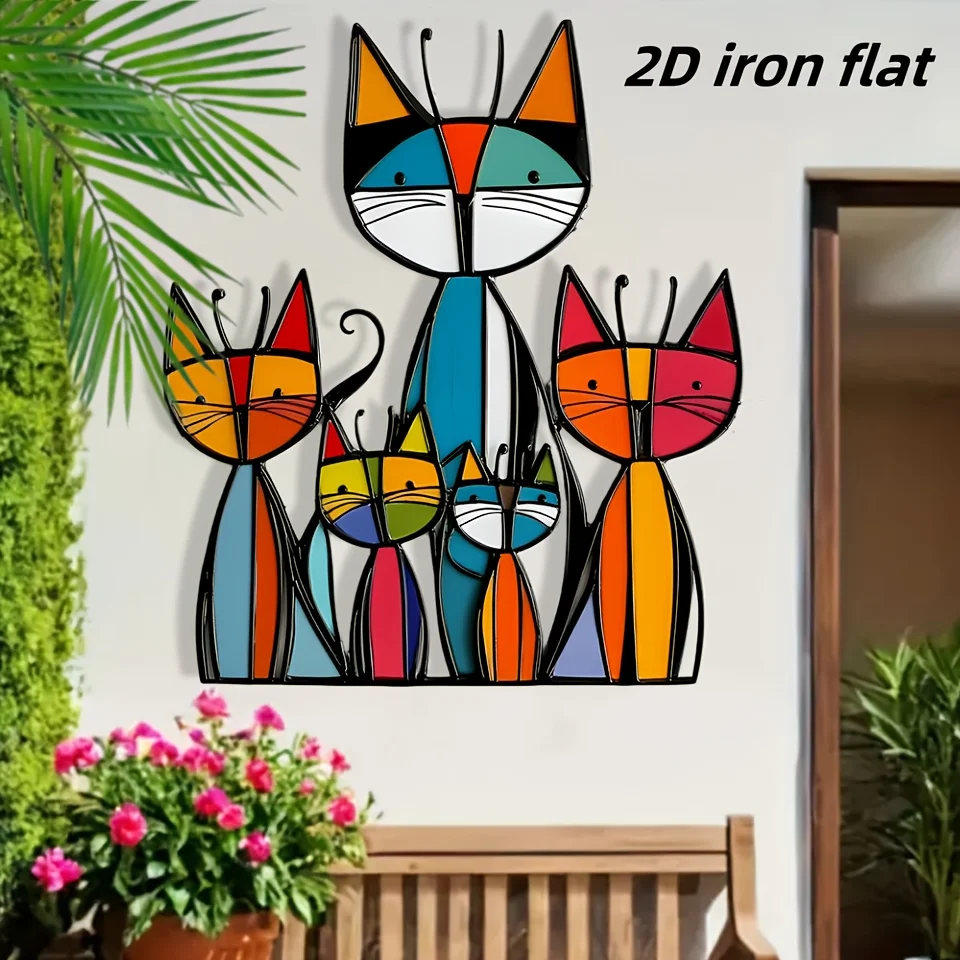 Bohemian Style Minimalist Metal Cute Colorful Cat Wall Art Decoration - Patio, Garden, Courtyard, Living Room