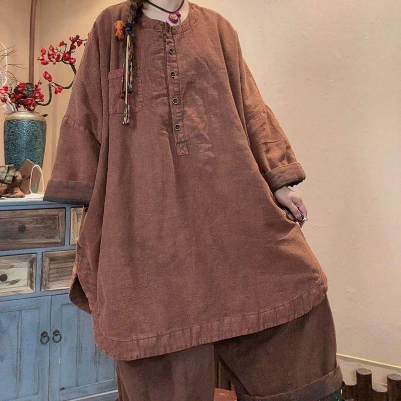 

Spring 2026 New Arrival Arts Style Women All-matched Pullover O-neck Long Sleeves Cotton Linen Casual Asymmetry Parkas Y219