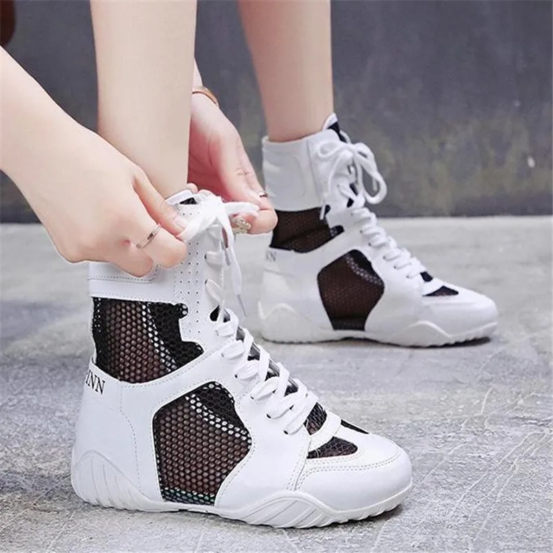 Ladies Canvas Shoes Autumn Lace Up Platform Female Mesh Sneakers Breathable Fishnet Patch Casual Women\'s Sport boots