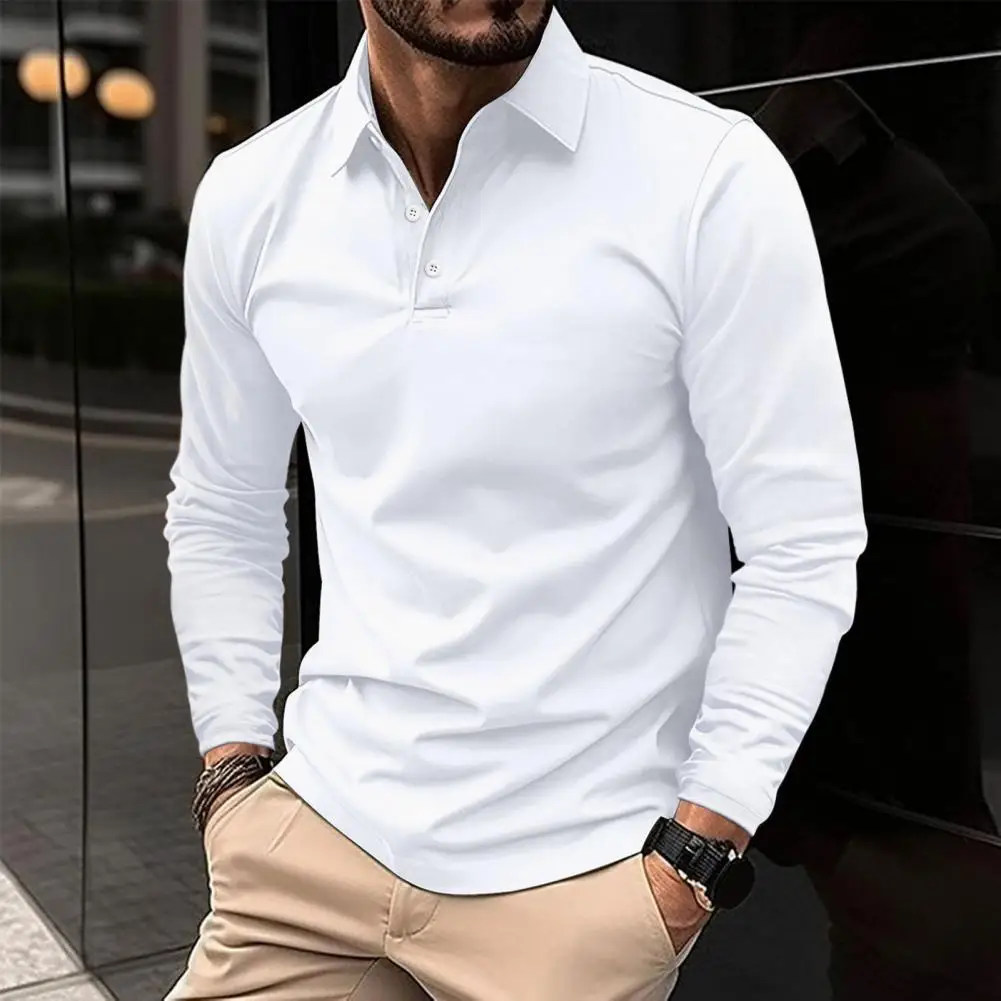 Men Summer Shirt Buttoned Turn down Collar Pullover Long Sleeves Mid Length Solid Color Casual Business Training T Shirt