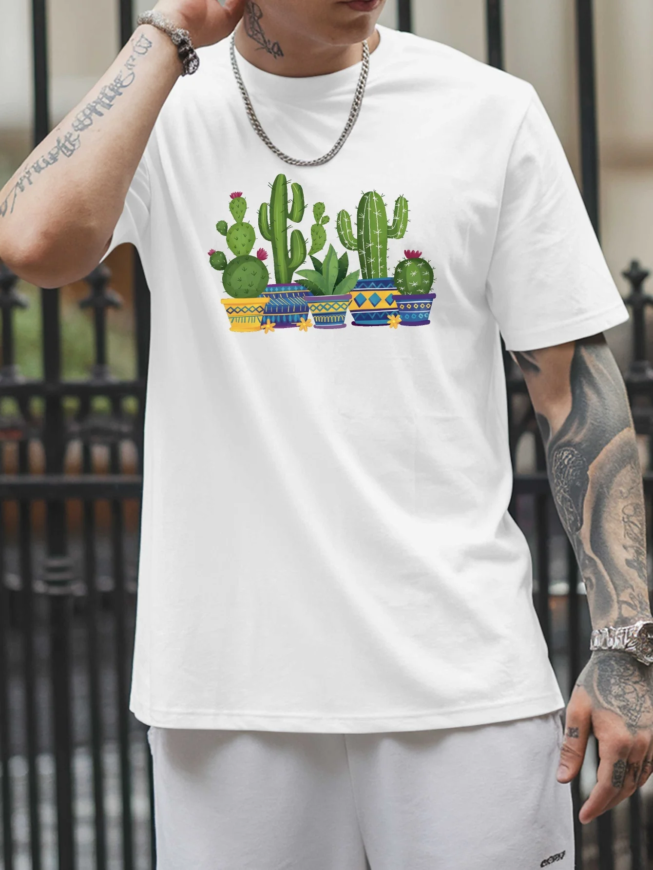 Desert Plant Mens Crew Neck Cotton T Shirt Colorful Potted Cactus Print Short Sleeve Succulent Casual Street Fashion Daily Top