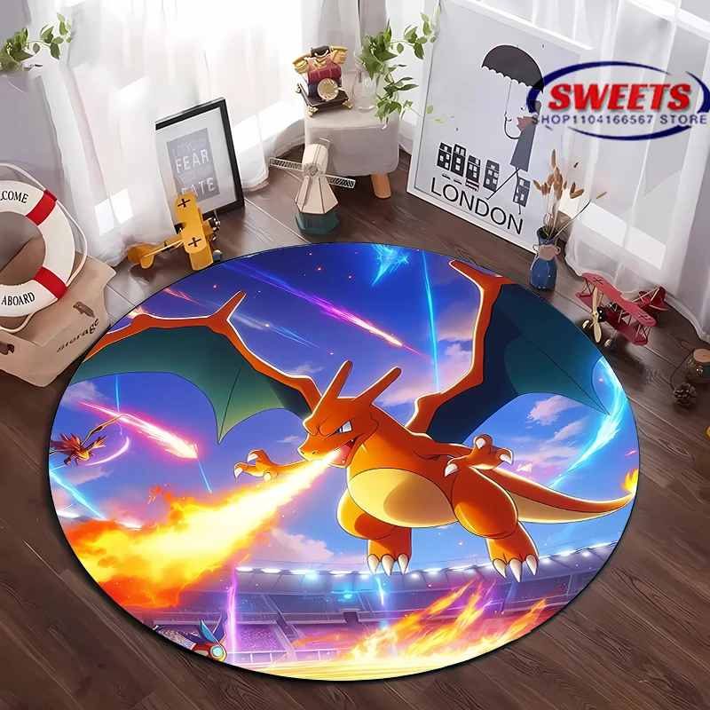 Cartoon Miniso Pokemon Round Carpet, Charizard Rug Non-Slip Play Mat Cute Floor Rug for Living Room Bedroom Kid's Room Round Mat