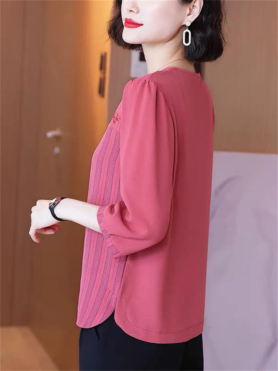 5XL Women Spring Summer Blouses Shirts Lady Fashion Casual Half Sleeve O-Neck Collar Stripe Embroidery Blusas Tops TT2245