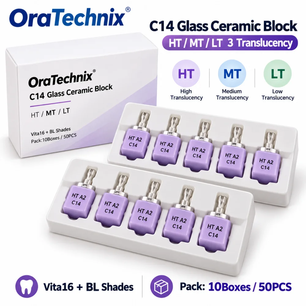 50PCS Dental Lithium Disilicate C14 Blocks Glass Ceramic LT/HT/MT/MO Dental CAD CAM Veneer/Crown Restoration Dentistry Material