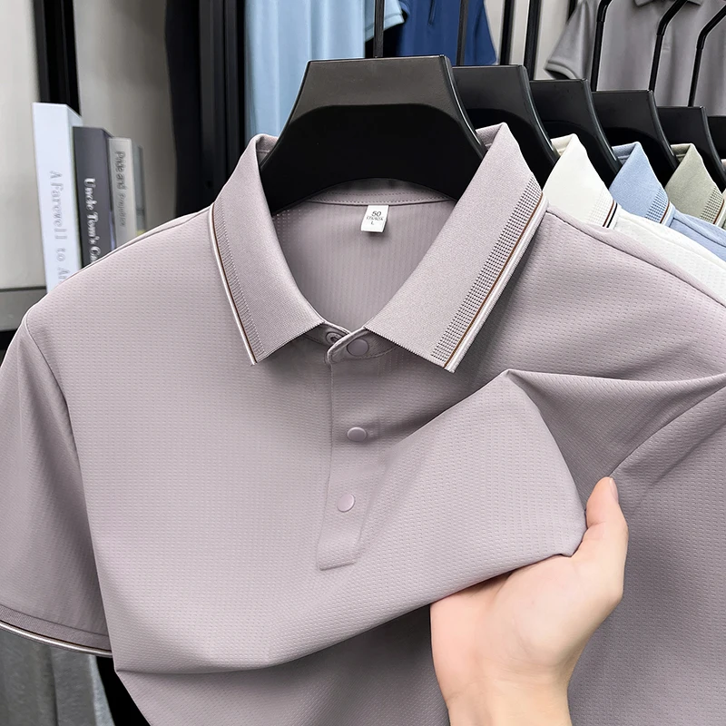 Trend luxury ice silk short sleeve polo shirt personalized solid color checkered embossed men's summer breathable casual T-shirt