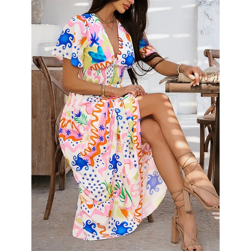 T Е Bohemian Flower Stampato Abiti lunghi Donna 2026 A-line Scollo a V Manica a sbuffo Vita alta Vacanza estiva Max Dress 180827