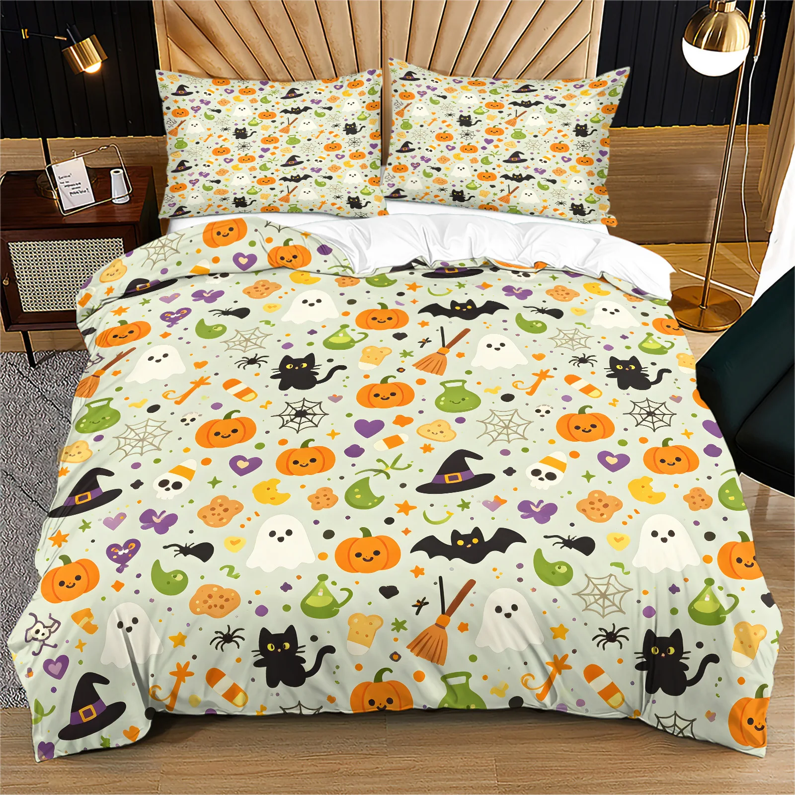 Light Sage Green Halloween Duvet Cover Set Pumpkin Ghost Black Cat Bat Witch Hat Spider Web Print Bedding Set with Pillowcases