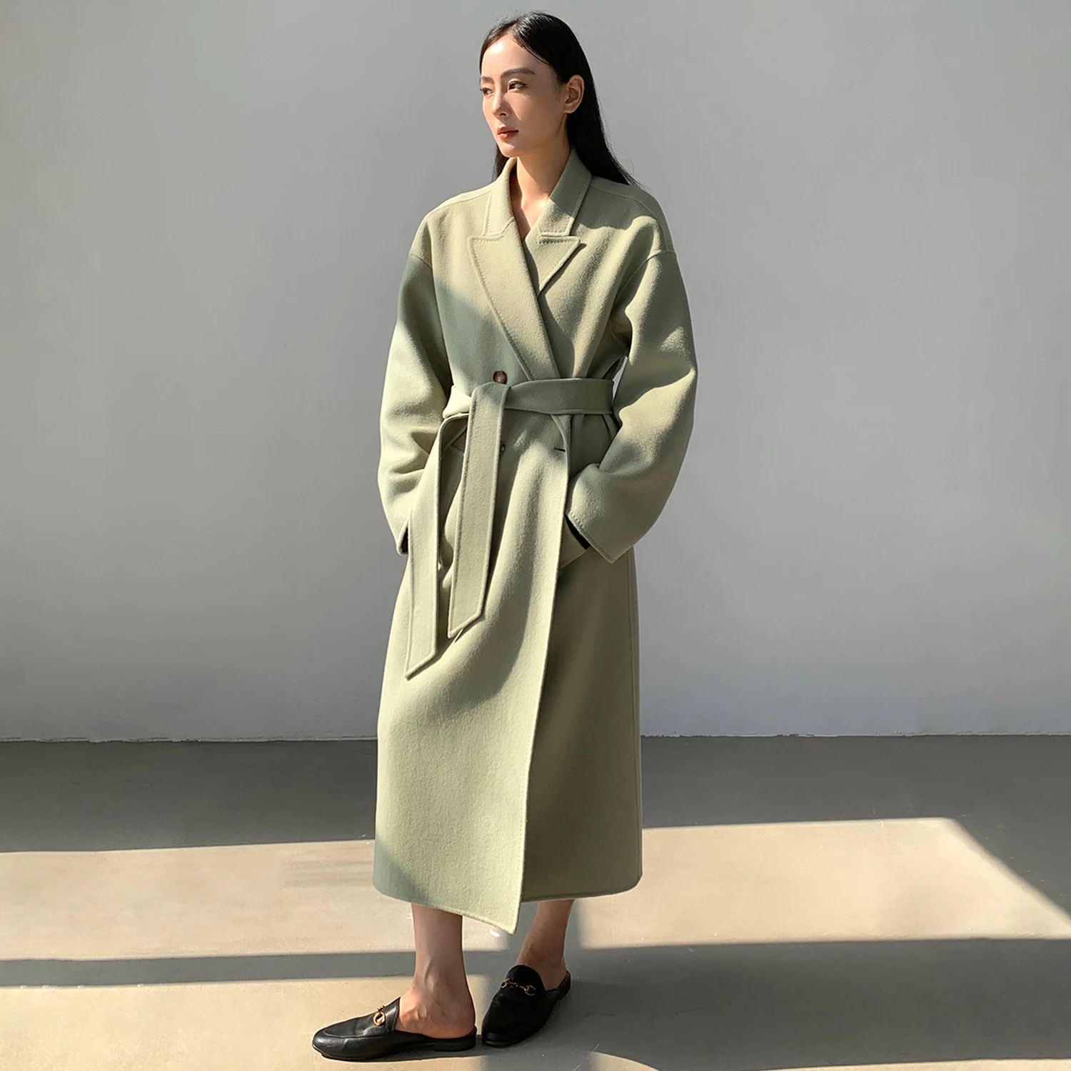 سترة نسائية طويلة من الصوف الأخضر Allingentle سترة طويلة أنيقة لحفلات الأعمال والمكتب مع حزام مخصص