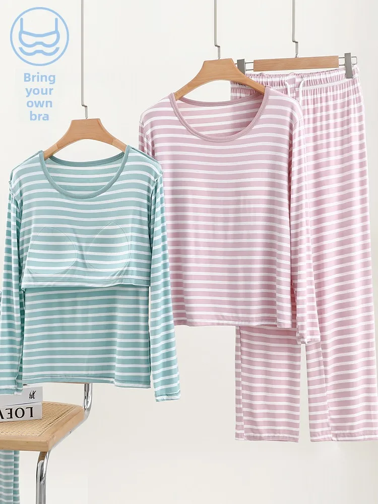 

Modal round Ne Long Sve Spwear Set Casual Thin Spring Home Two-Piece Set Large Stripe Home Clothes Women's Pyjamas
