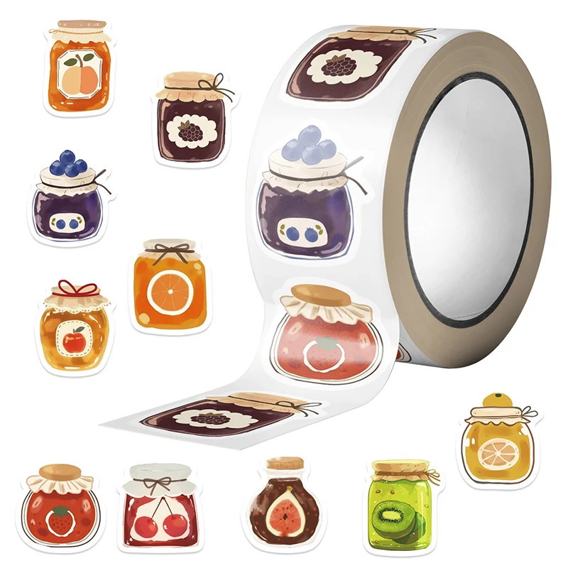 500 قطعة/لفة الكرتون المربى جرة لفة ملصقات لطيف الغذاء لفة ملصق مقاوم للماء الديكور ملصق مائي لأجهزة الكمبيوتر المحمولة سجل القصاصات القرطاسية