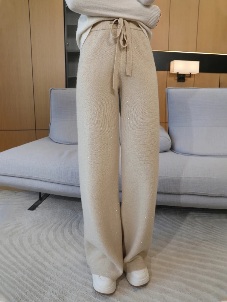 Women's 100% Merino Wool Wide Leg Pants Autumn Winter Fashion Gold & Silver Bead Detailing Cashmere Knitwear