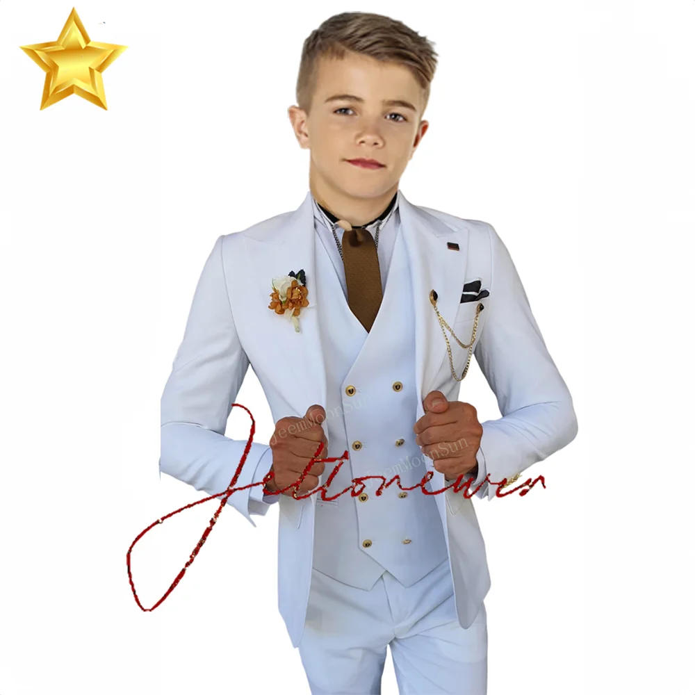 3 Pieces New White Boy Suit 2022 Peak Lapel Slim Fit Casual Tuxedos Kids Tailor Made 2-16 Years Old Clothes (Blazer+Pants+Vest)