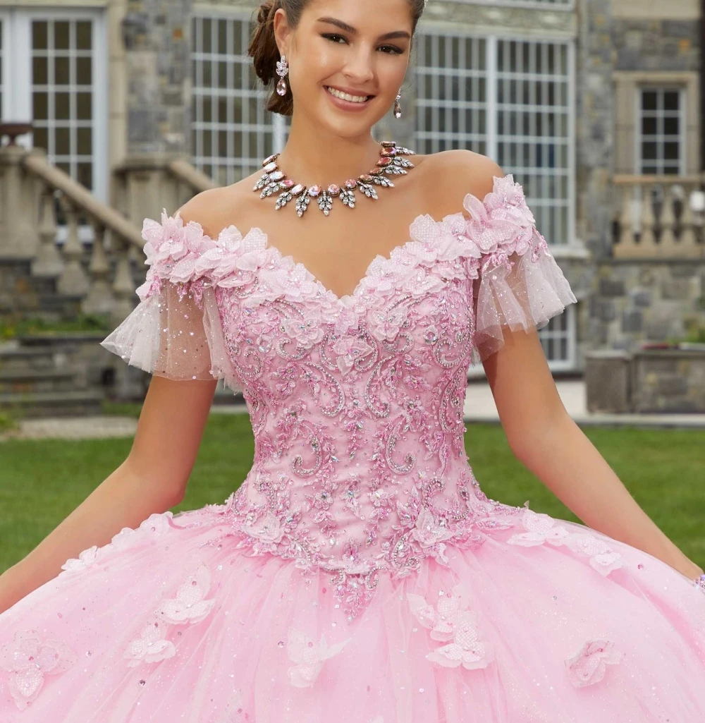 EVLAST-Vestido Princess Quinceanera, Apliques de tule, Renda, 3D Butterflies, frisado, Sweet 16, TQD109, 2023, Champanhe