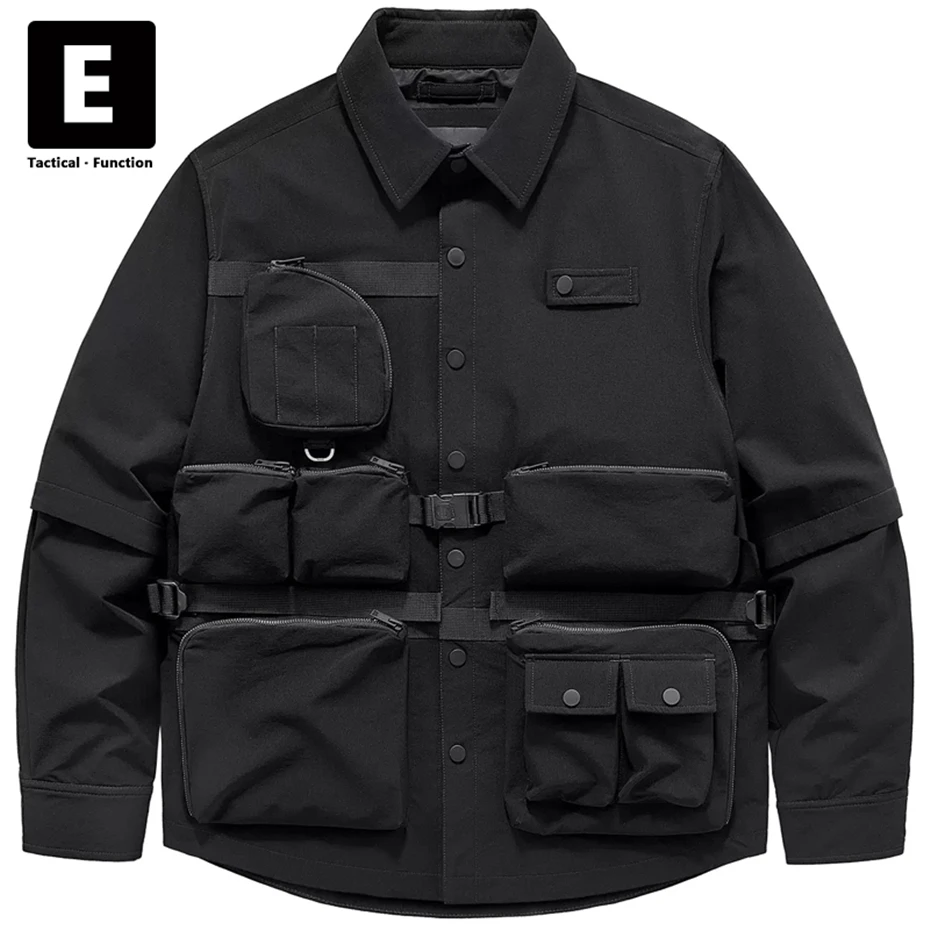 Techwear Cargo Shirt Jacket Men Spring Autumn Long Sleeve Shirts Jackets Patchwork Pocket Shirt Streetwear Male