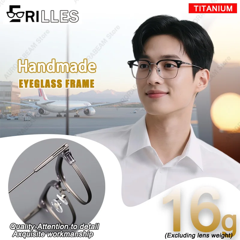 

[Exquisite Handmade] Oversize Titanium Frames-Semi-Rimless Design-Non-Fade IP Coating for Sensitive Skin-Business Vintage Style