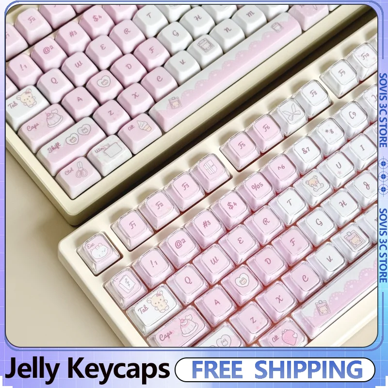 

Pink-White Bear Translucent Jelly Keycaps Pbt KDA Profile Ceramic-Style Keycap Custom 123 Keys Key Caps MX Mechanical Keyboard