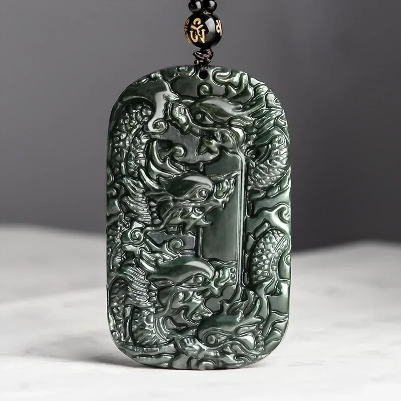 Natural Hetian Jade Dragon Pendant Kowloon Necklace Jadeite Jewelry Men Gifts Buddhist Lucky Carved Fashion Charm Women Amulet