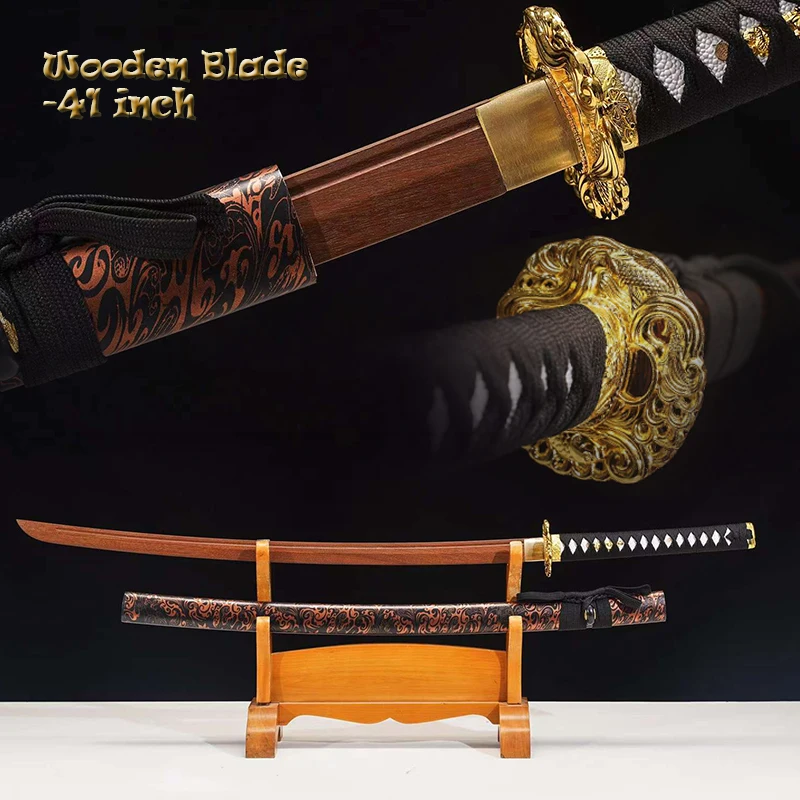 Espadas de entrenamiento Iaito personalizadas, espadas japonesas Katana de tamaño completo con hoja de madera, Saya con líneas negras impresas, decoración para el hogar