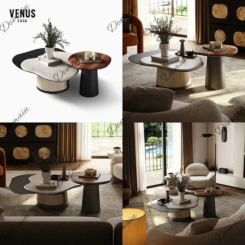 Retro Natural Marble Coffee Table Designer Original Living Room Irregular Shape Set