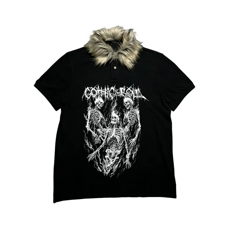 Moda de inverno Ins na nova tendência de High Street, pulôver de gola de pele retrô Harajuku, camiseta para mulheres, roupas góticas Y2k