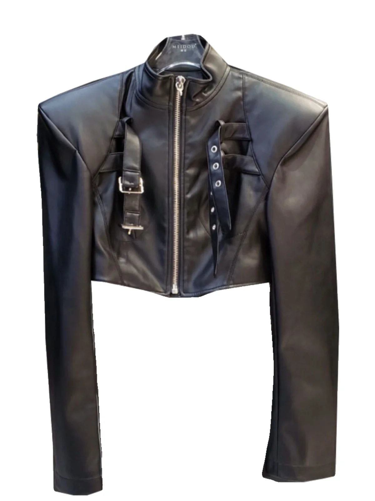 Jaqueta Feminina de Couro PU Estilo Retrô Americano Cool Girl, com Zíper, Gola, Ajuste Slim, Estilo Motoqueiro, Comprimento Médio