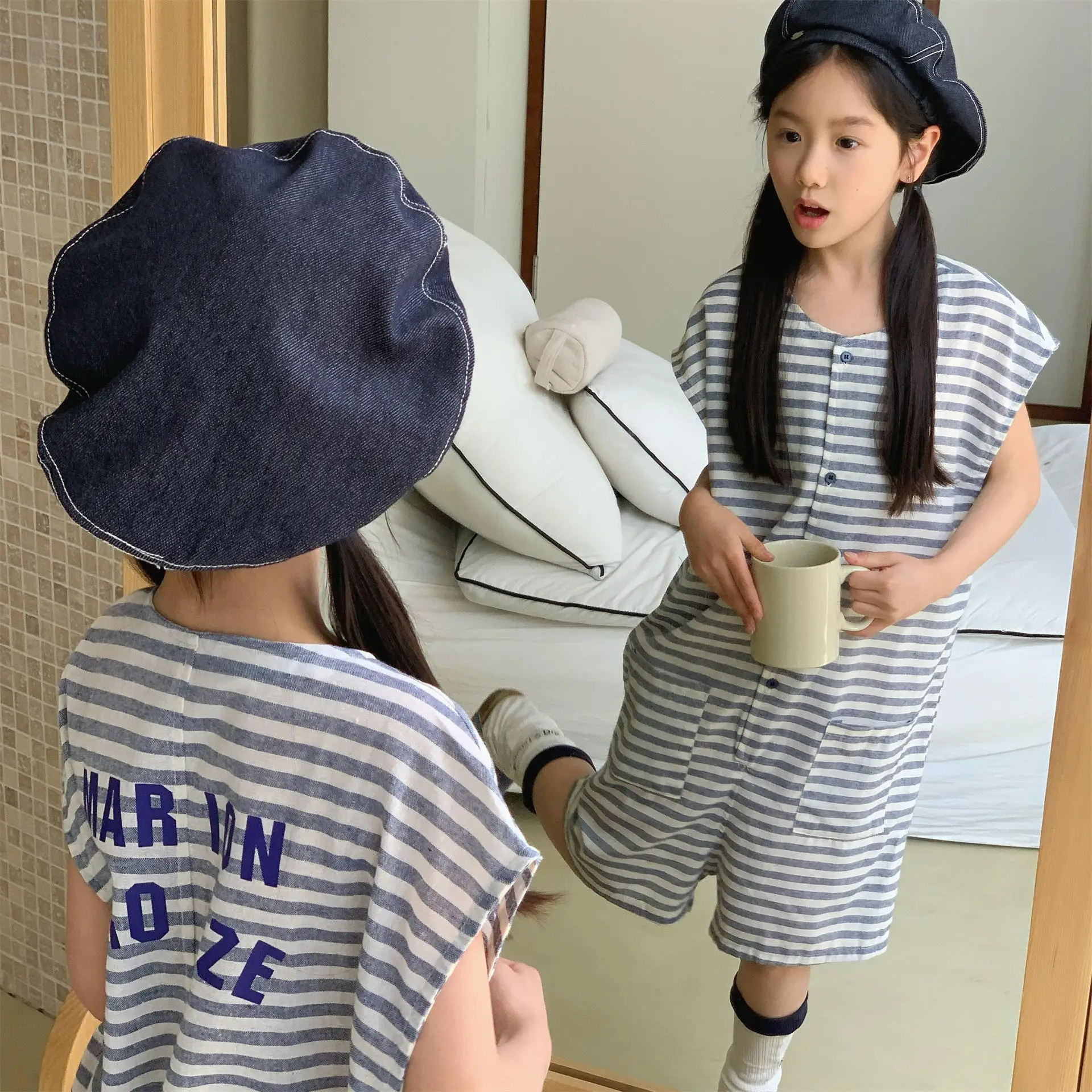 2026 Summer New Children Sleeveless Jumpsuit Girls Loose Striped Overalls Cotton Toddler Letter Print Strap Shorts Kids Clothes