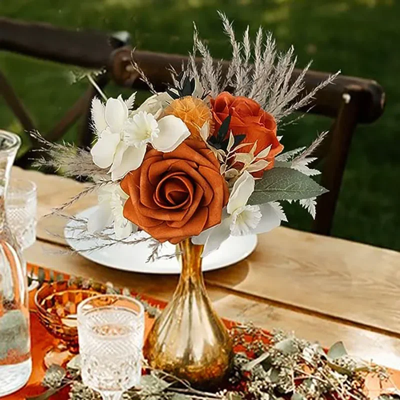 

Unique Natural Dried Flower Small Bouquets with Pampas Grass and Artificial Roses - Ideal for Memorable Wedding and Fall Table