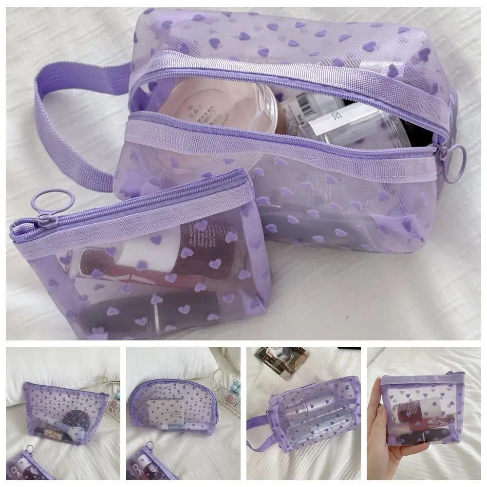 Purple Transparent Mesh Cosmetic Bag Heart Wave Point Make Up Bag Simple Portable Wash Pouch Travel Storage Bag