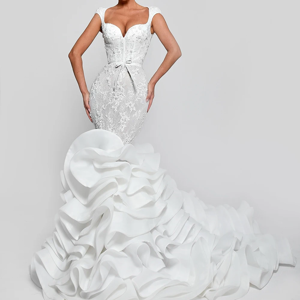 

Sweetheart Mermaid Sleeveless Floor Length Sweep Train Backless Appliques Bow Tiered Exquisite Bespoke Occasion Gowns Elegant