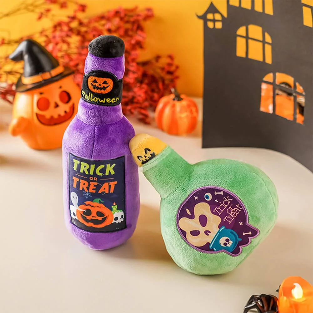 Halloween Dog Toys No Stuffing Squeaky Plush Dog Toys Funny Wine Bottle Design for Keeping Them Busy Interactive Pet Puzzle Toy