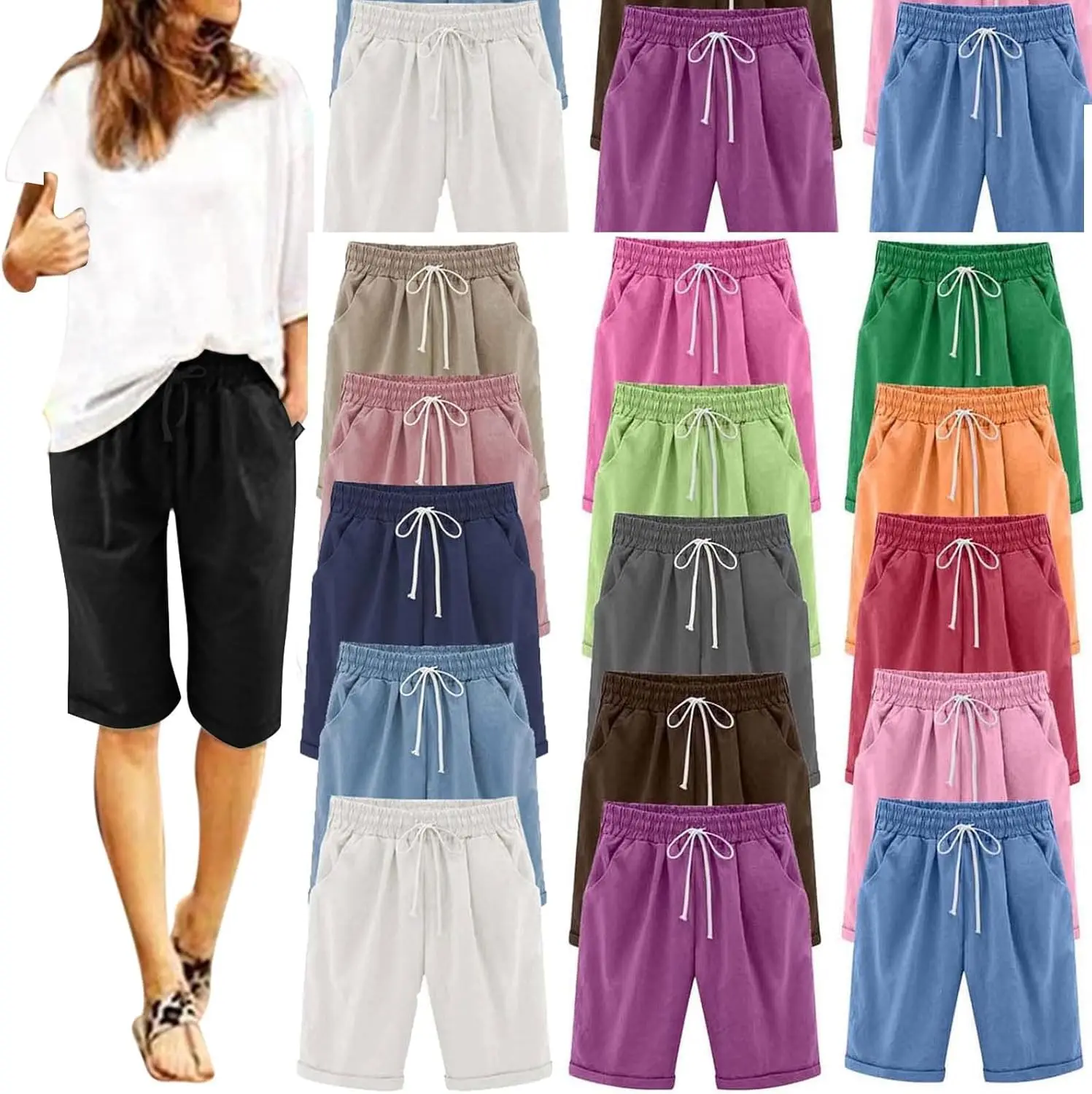 

Bermuda Shorts for Women Knee Length Plus Size Cotton Linen Casual Shorts Drawstring High Waist Shorts with Pockets