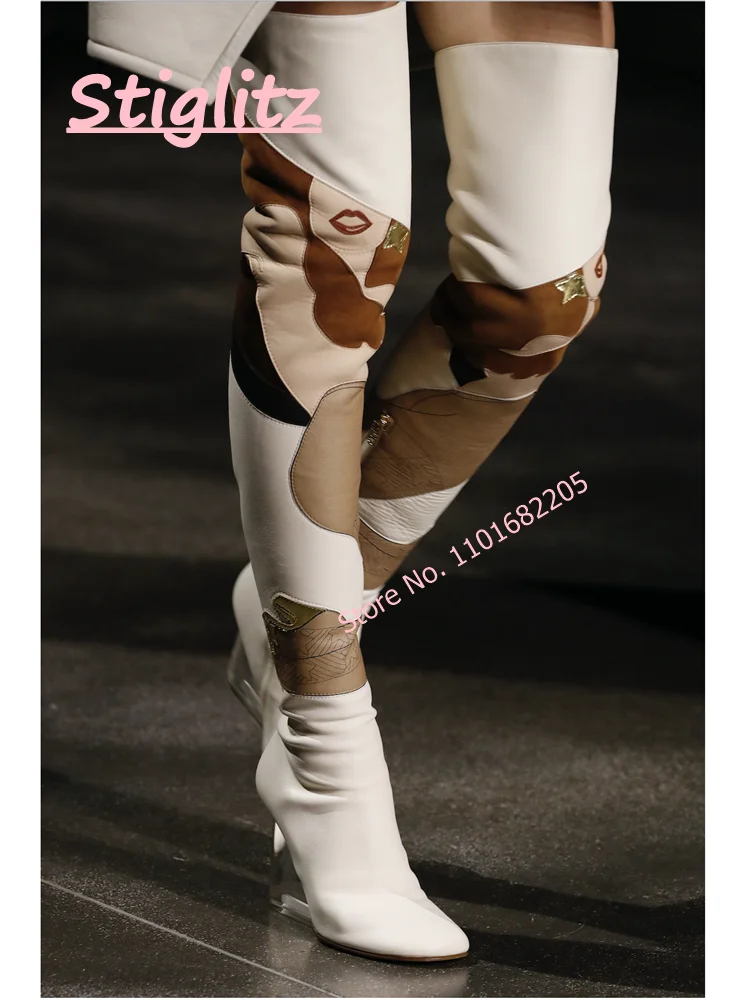 

Printed High Heel Thigh Boots Women's Mixed Colors Luxury Sexy footwear Round Toe Wedge Side Zipper Party Fashion Shoes