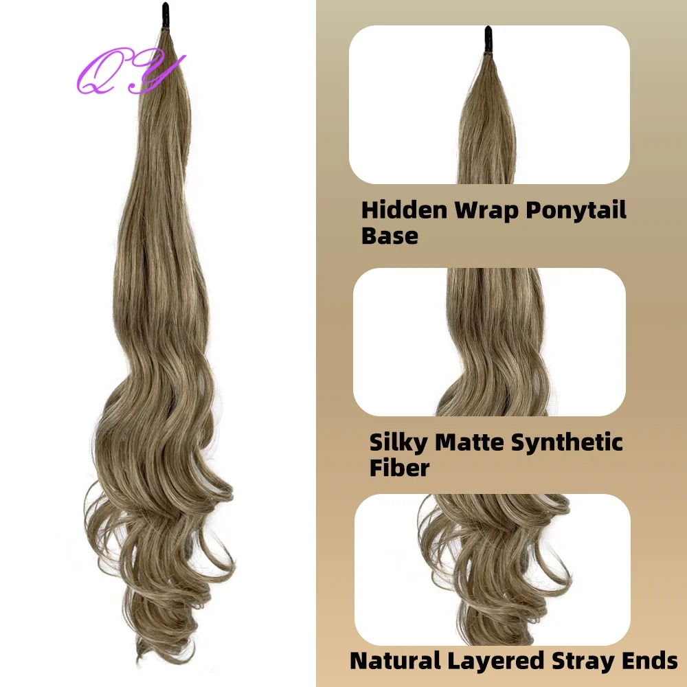 Easy Wear Flexible Wrap Ponytail 26 Inch Long Wavy Balayage Highlight Synthetic Wrap Around Hair Ponytail Extensions for Women