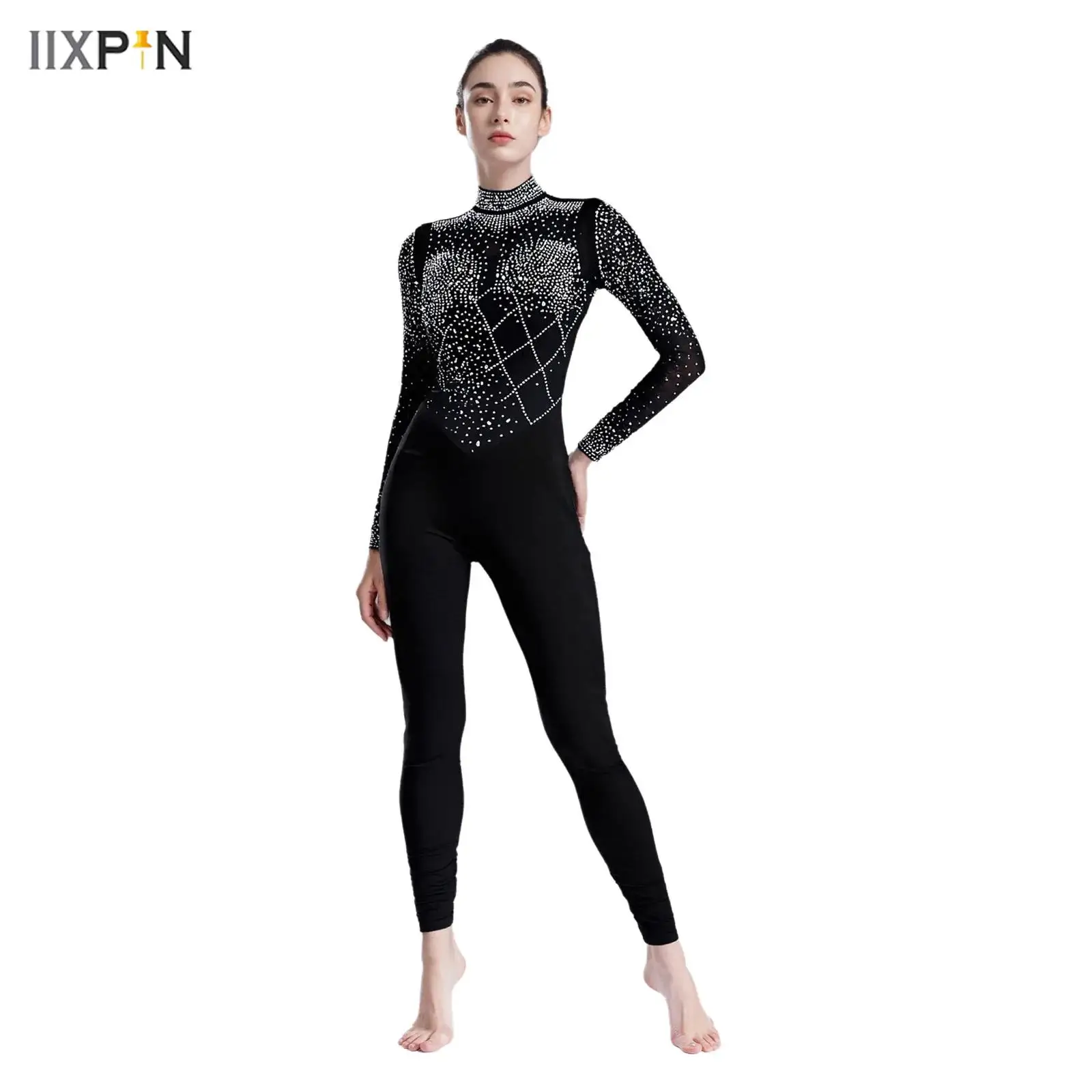 

Womens Glittery Rhinestones Gymnastics Jumpsuit Sheer Mesh Patchwork Mock Neck Long Sleeve Jazz Dance Rompers One-piece Bodysuit