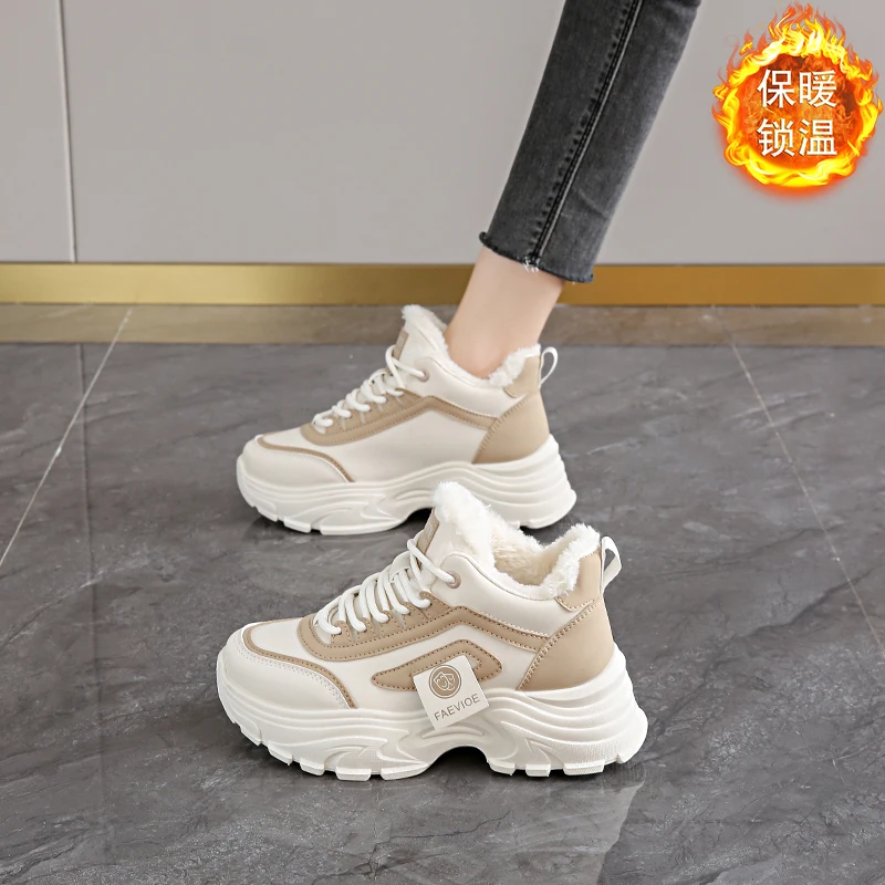 CRLAYDK Winter Chunky Sneakers for Women Platform Ankle Fur Lined Warm Botas Sport Wedge Shoes Leather Walking Fashion Tennis