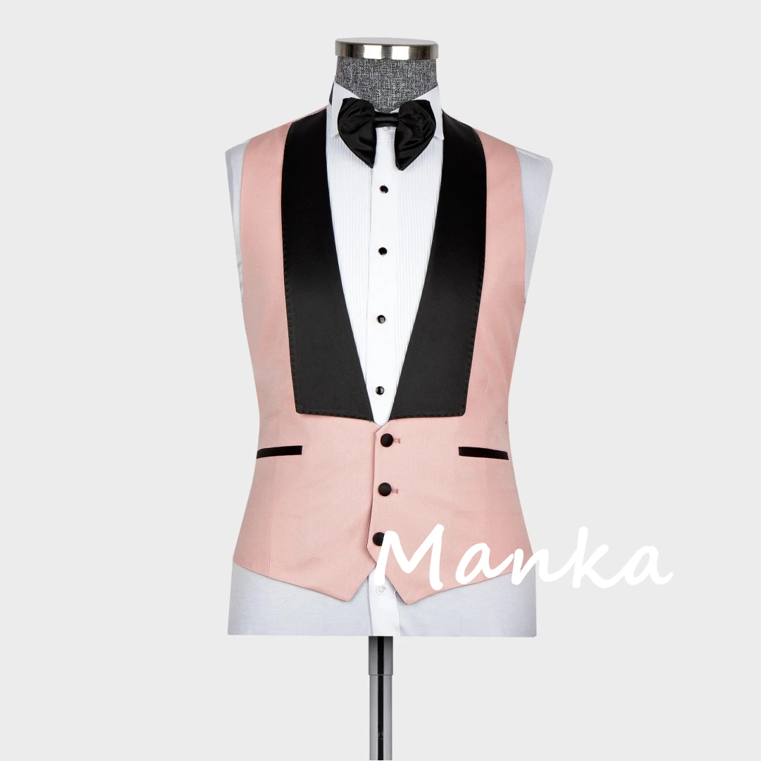 Esmoquin de boda con cuello de satén negro y rosa para hombre, trajes de novio, chaqueta de 3 piezas, chaleco, pantalones, traje Formal personalizado para fiesta de graduación