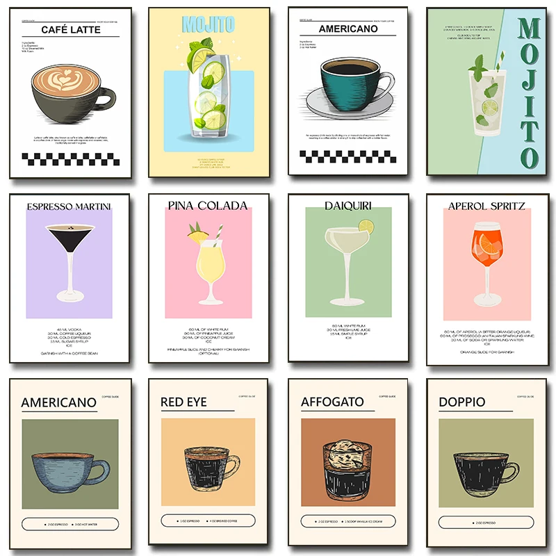 Negroni Cocktail Recipe Espresso Coffee Guide Poster Margarita Food Beverage Club Prints Canvas Painting Wall Picture Home Decor
