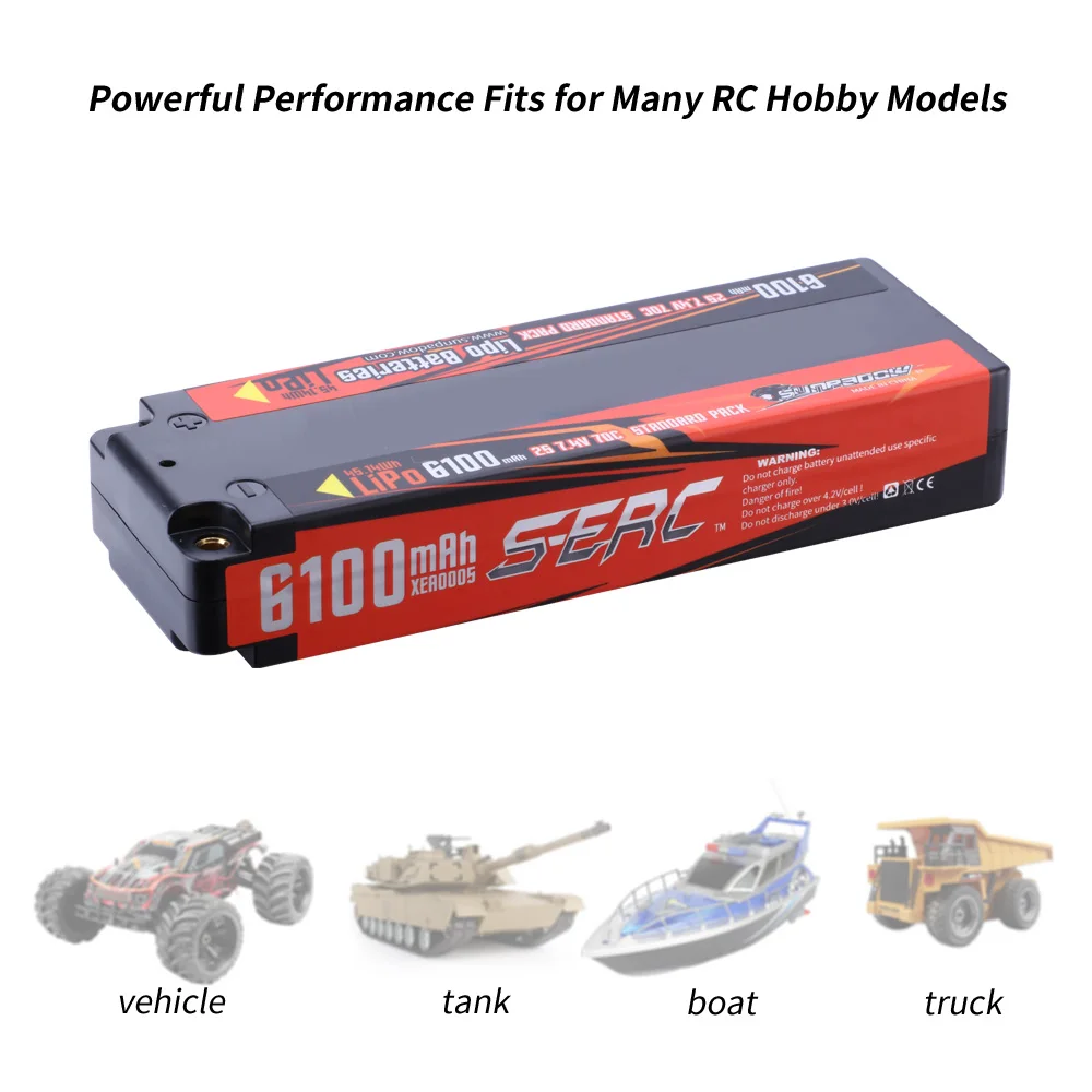 Sunpadow 7.4V 2S Lipo Battery for 6100mAh 70C Hard Case with  4mm Bullet with RC Truck Car Truggy Trains Buggy Vehice Hobby