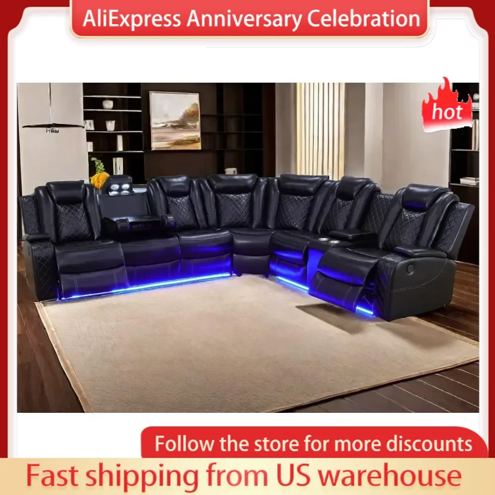 Power Recliner Set, Leather Sectional Sofa Set for Living Room,with LED Lights,Cup Holder, Hide-Away Storage Home Theater sofa