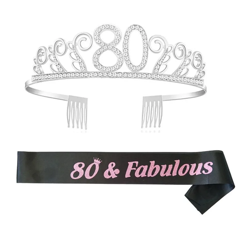 80th Birthday Tiara Crown Sash Luxurious Pageant Ornaments Glitter Satin Sash for 60th Birthday Party Supplies Favors