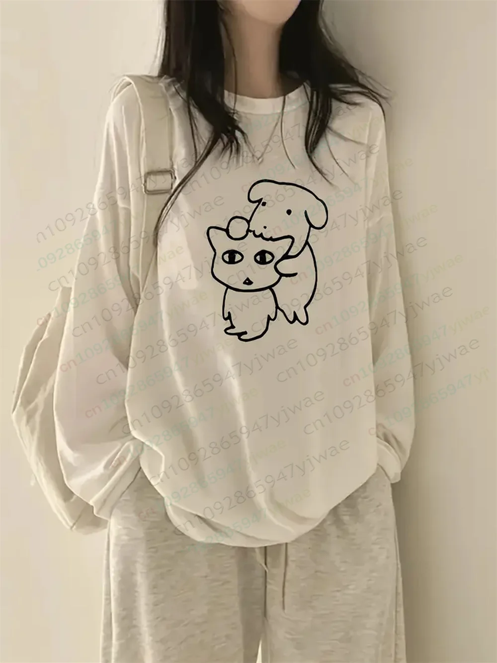 Korean Style Fun Graffiti Cute Puppy Graphic Print Long Sleeved T-Shirt Casual Street Wear Y2k Top Autumn Women'S T-Shirt